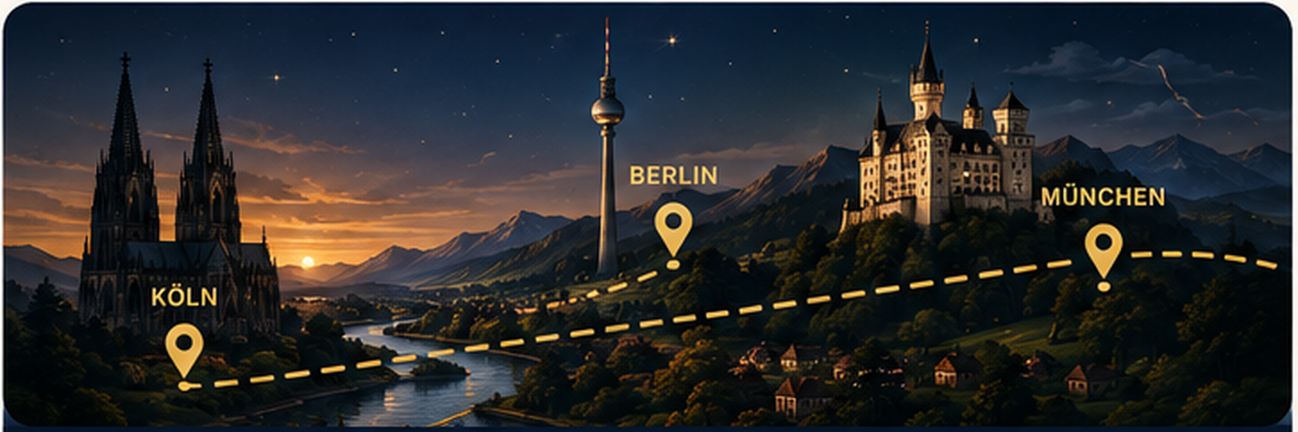 Journey Through Germany — panoramic view of Cologne, Berlin and Munich