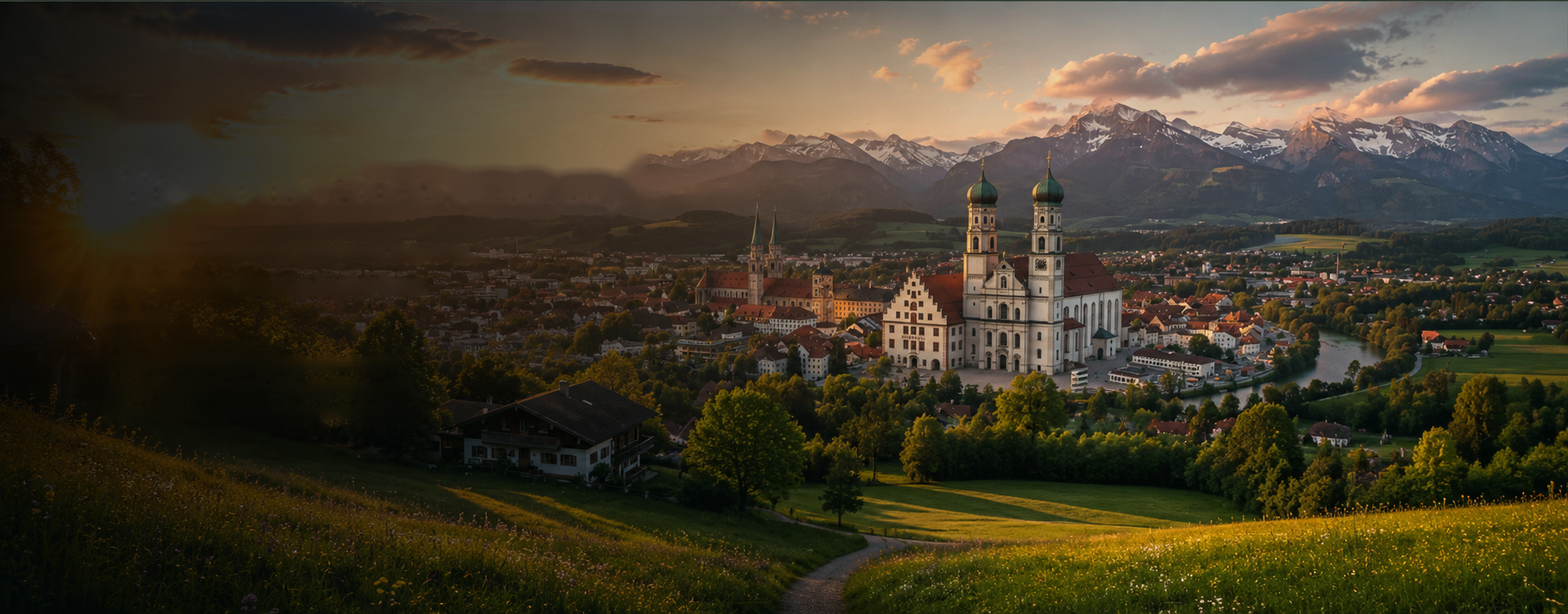 Kempten, Bavaria — Basilica of St. Lorenz with Bavarian Alps at golden hour