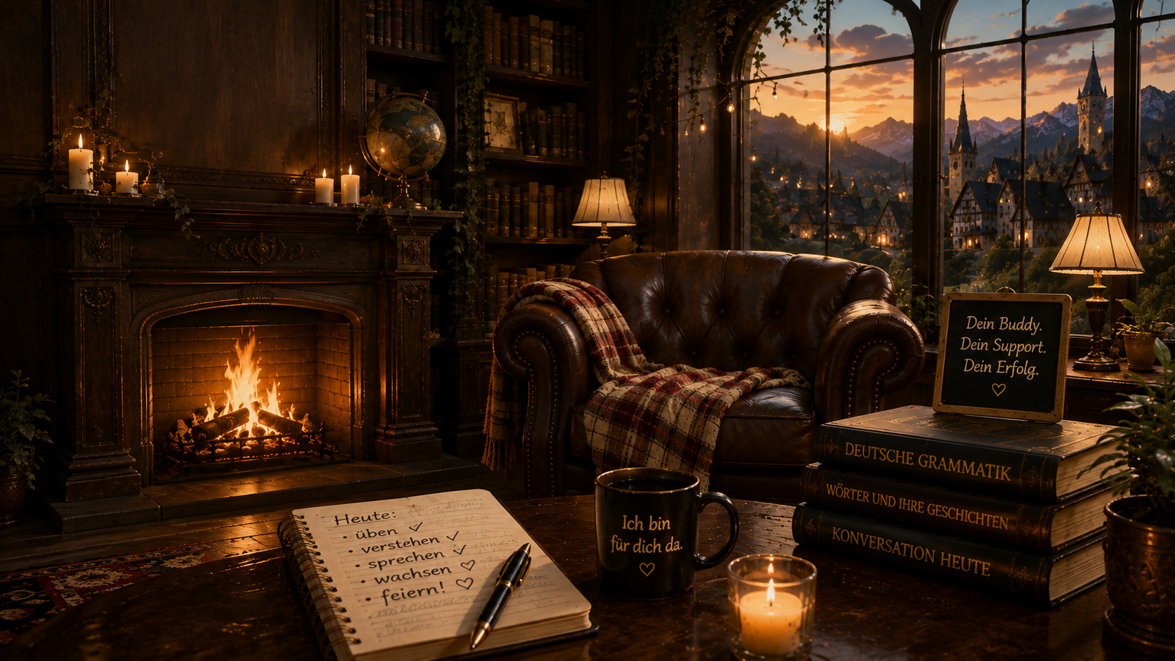 Buddy Lounge — warm fireplace study room, Academy companion setting