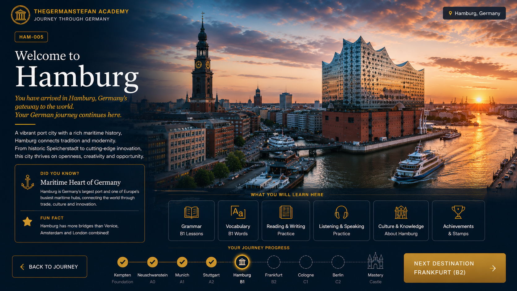 Welcome to Hamburg — HAM-005 · B1 Journey Destination · Germany's Gateway to the World. Hamburg is home to Germany's largest seaport, the iconic Elbphilharmonie, St. Michael's Church, and the historic Speicherstadt warehouse district.
