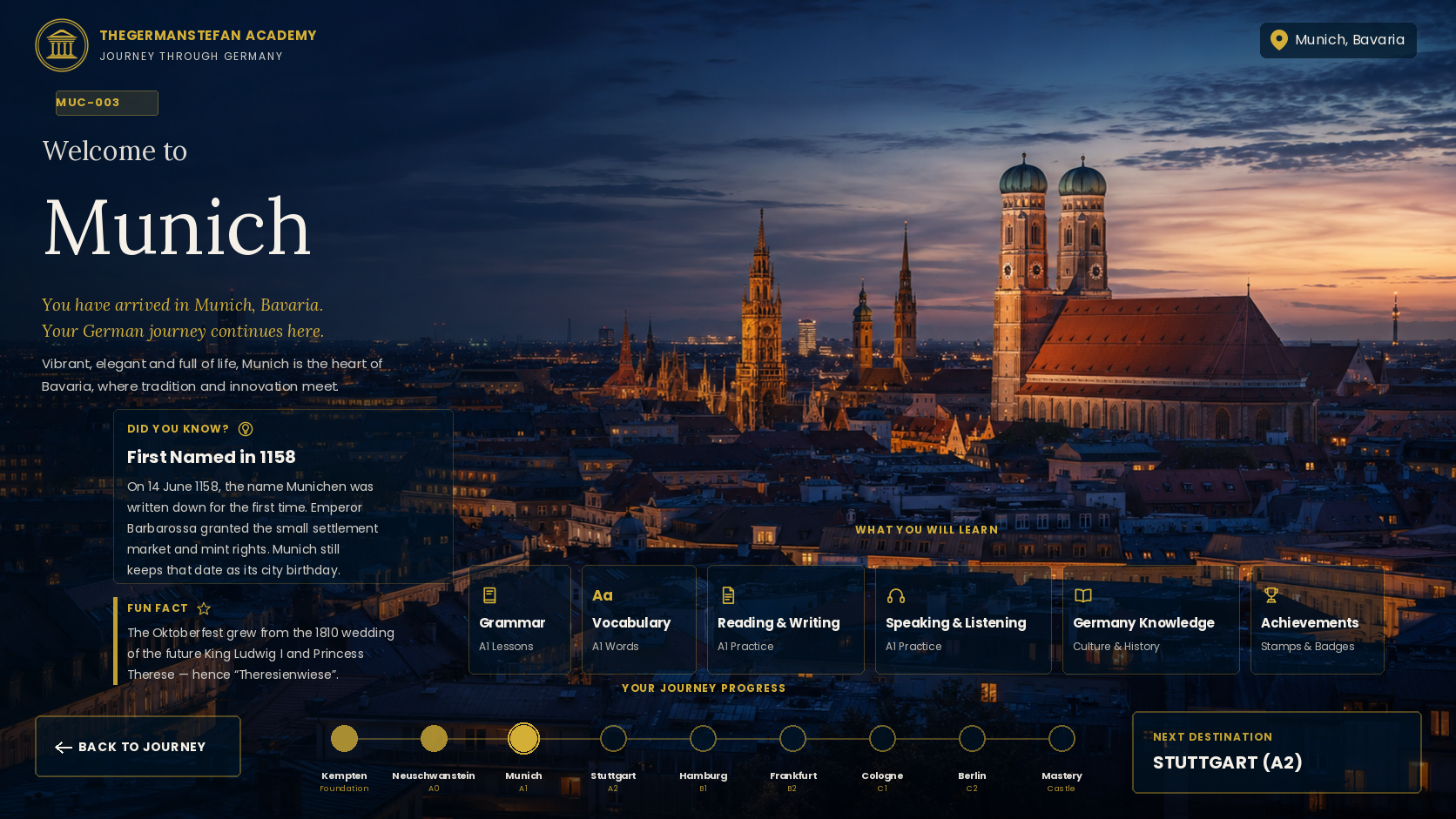 Welcome to Munich — MUC-003 · A1 Journey Destination. You have arrived in Munich, Bavaria. Your German journey continues here. Vibrant, elegant and full of life, Munich is the heart of Bavaria, where tradition and innovation meet.
