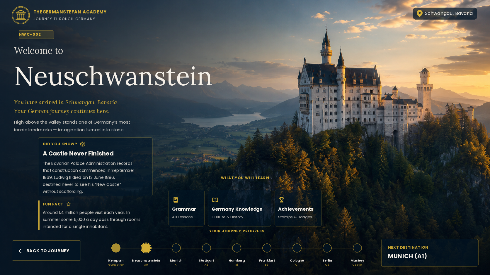 Welcome to Neuschwanstein — NWC-002 · A0 Journey Destination. You have arrived in Schwangau, Bavaria. Your German journey continues here. High above the valley stands one of Germany’s most iconic landmarks — imagination turned into stone.