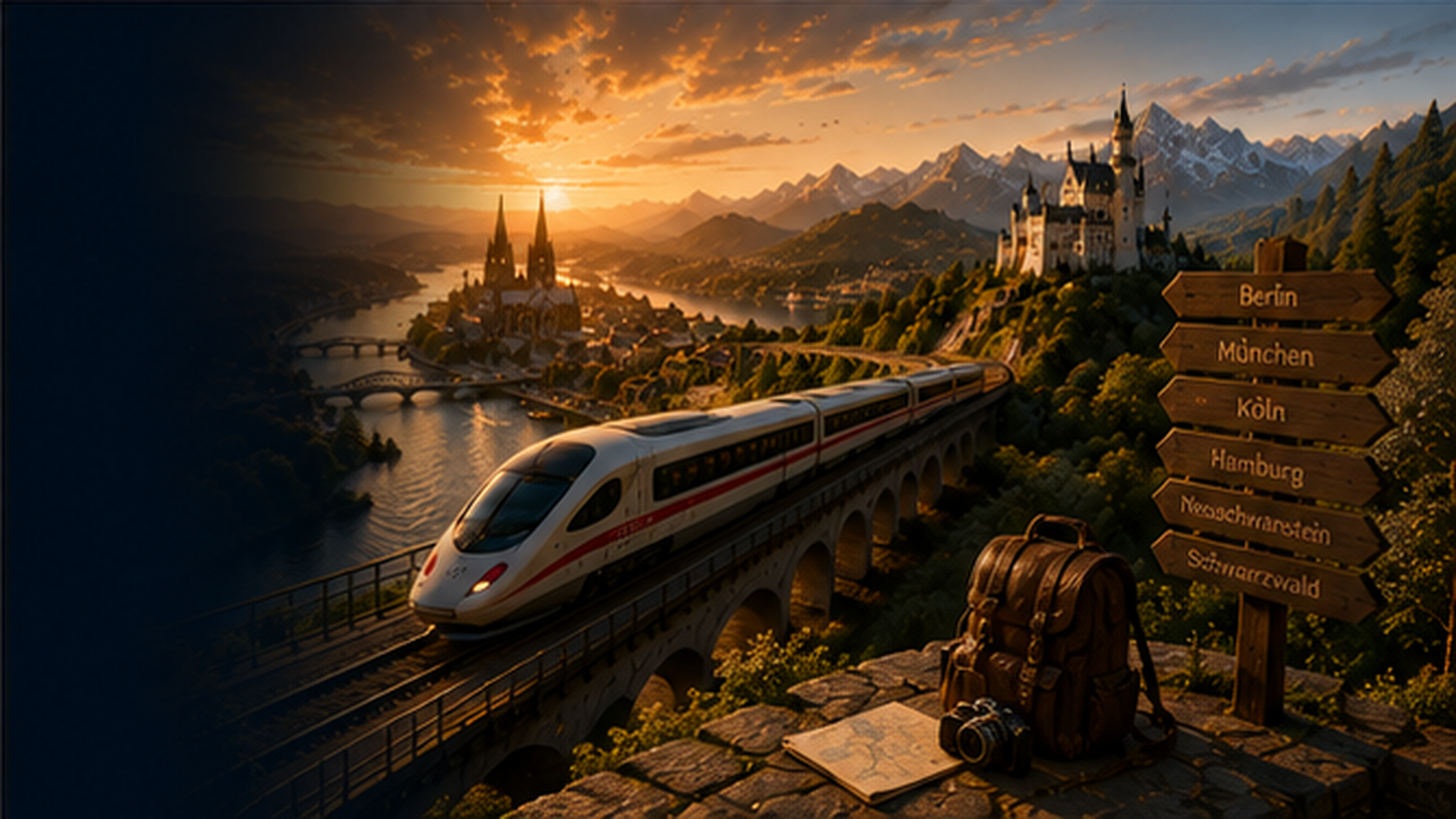 Journey Through Germany — ICE train, glowing Germany map, Cologne Cathedral, Neuschwanstein Castle, sunset