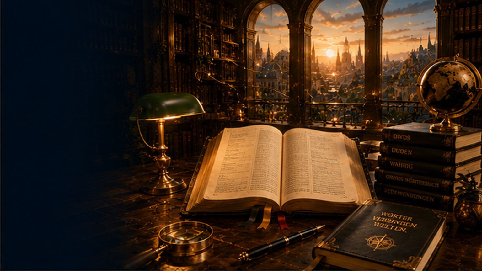 Academy Dictionary — golden library with German vocabulary floating above open books