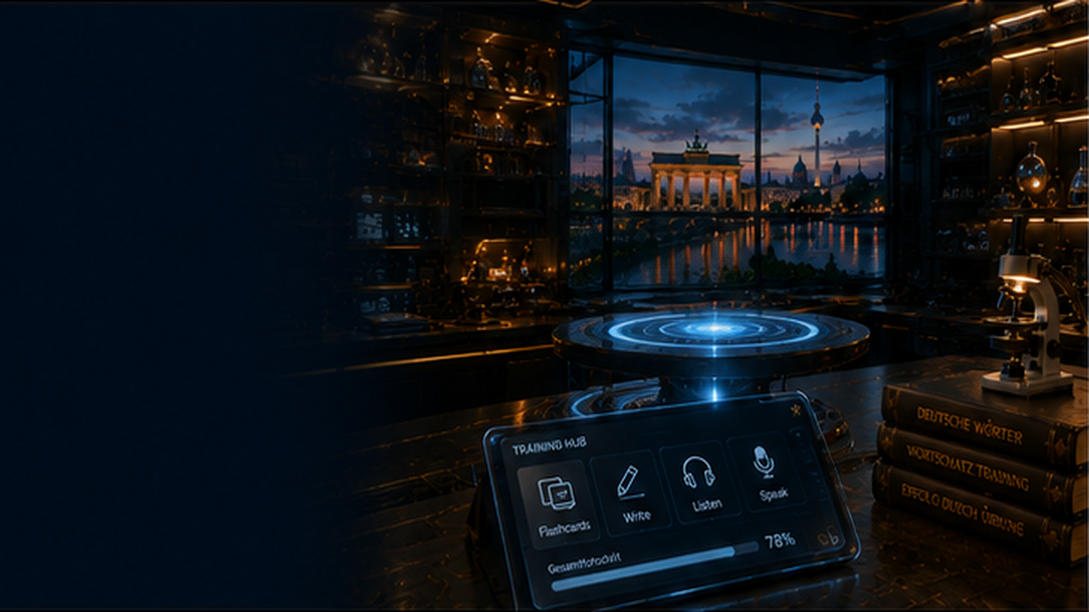 Vocabulary Lab — holographic German vocabulary cards with AI learning panels and Brandenburg Gate skyline